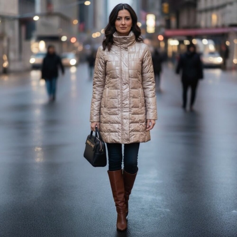 Jones New York Pearl Dual Tone Parka Jacket Coat Down Winter Cozy Tan Pockets M